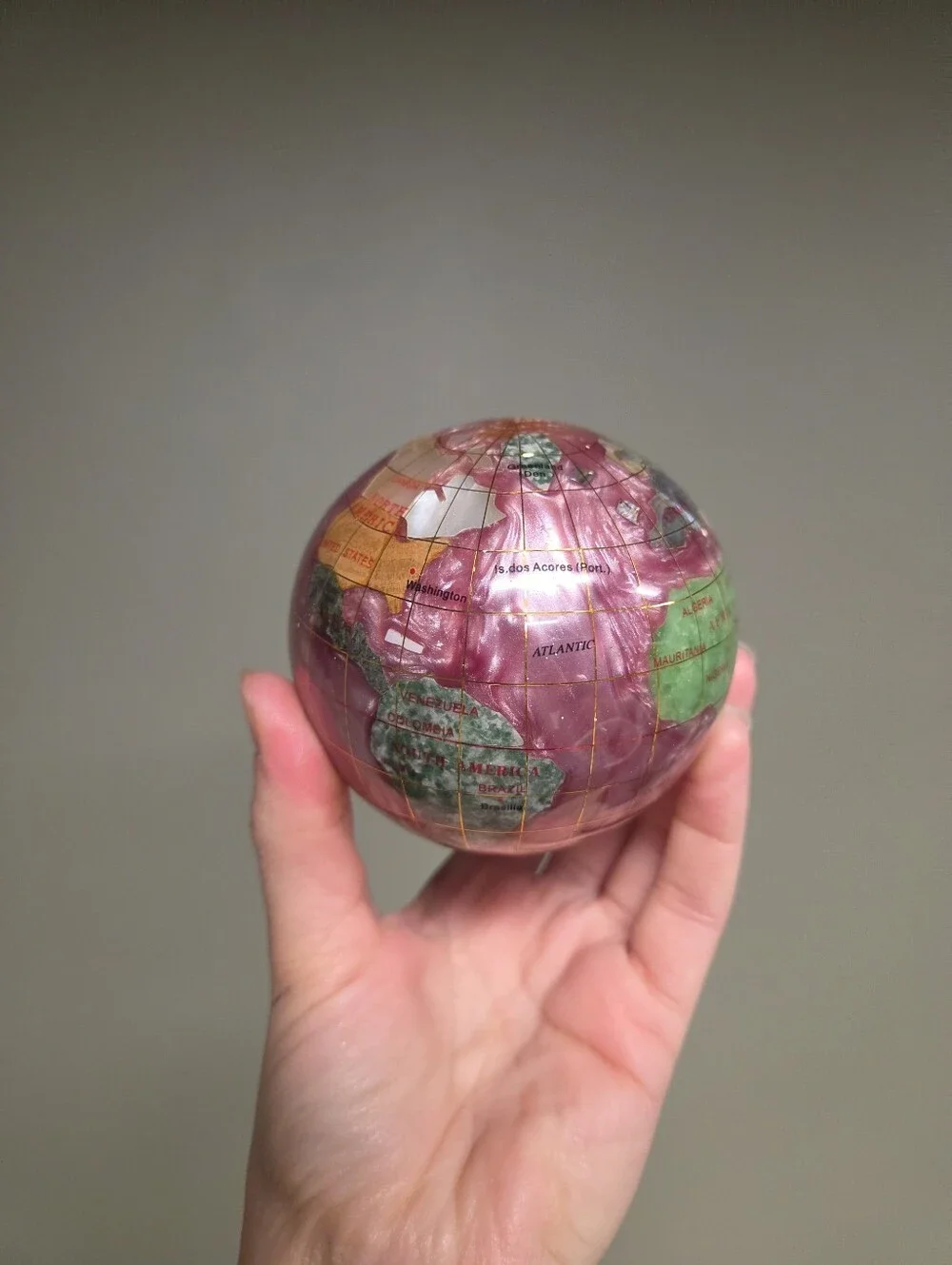 Handmade Gemstone World Globe Paperweight Pink Rose Quartz Ocean Decor
